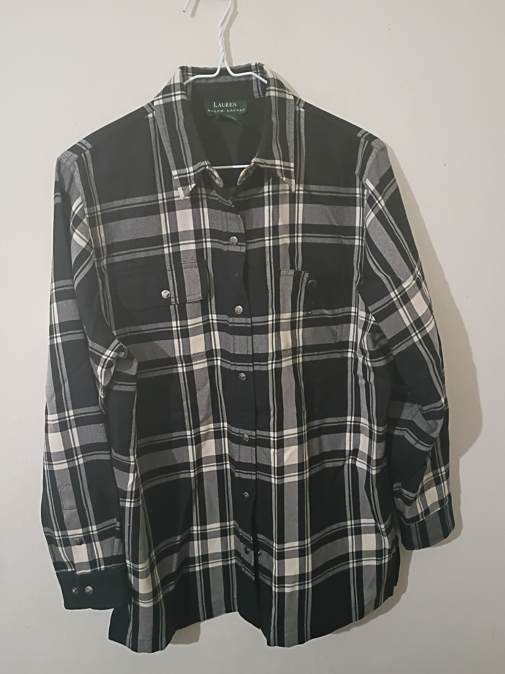 Wool Lauren Ralph Lauren Black and White Plaid Long-Sleeve Button-Down Shirt